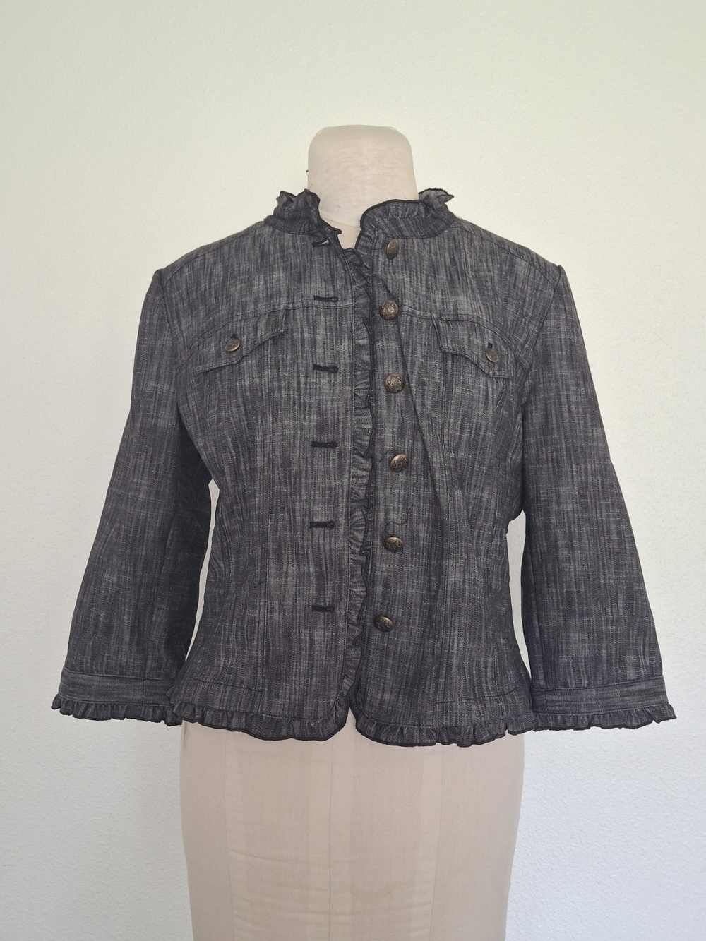 Sandro Gray Ruffle-Trim Button Jacket Large